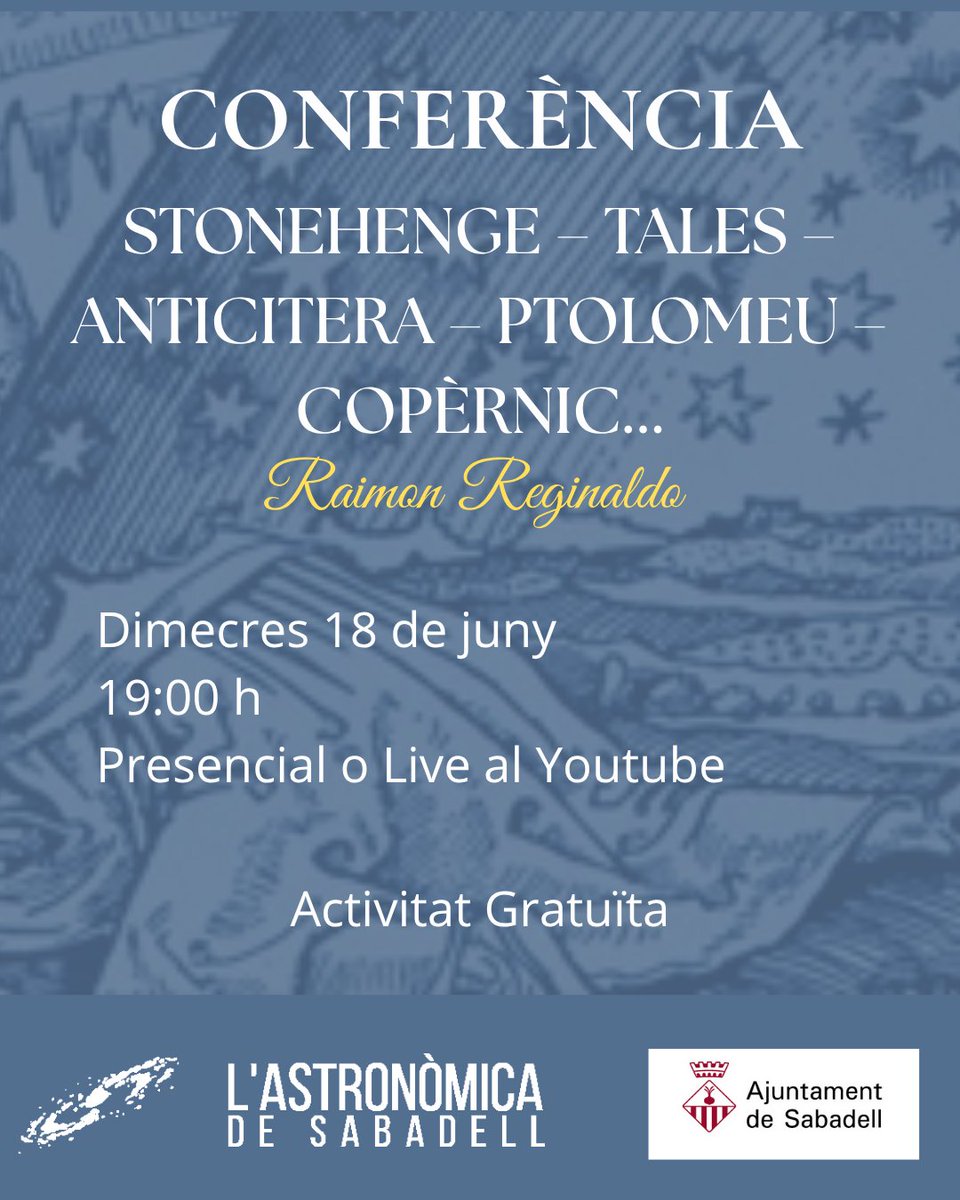 No et perdis la conferència de Raimon Reginaldo, una
oportunitat per a descobrir una mica més sobre história de l'astronomia!

Vine a gaudir d'una vetllada científica!