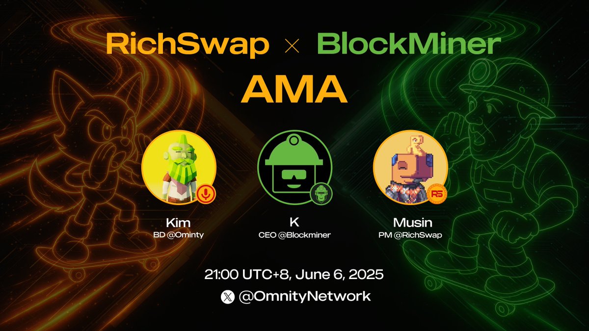 Omnity Network (@omnitynetwork) on Twitter photo 🎙️ AMA Alert – Bitcoin DeFi Builders Unite!
Join us for an electrifying AMA hosted by Omnity Network, featuring two powerhouses in the Bitcoin DeFi scene:
🔶<a href="/musinoot/">𝕸𝖚𝖘𝖎𝖓⭕️莫信</a>, PM <a href="/RichSwap_REE/">RichSwap 🧧</a>
🟢<a href="/Blockminer_CEO/">K, Blockminer_CEO</a>, CEO <a href="/BlockMinerfun/">Blockminer.fun</a>
🎤 Moderated by <a href="/ZhaoweiK/">Builder Kim</a>, BD <a href="/OmnityNetwork/">Omnity Network</a>
🗓️ Date: 🎙️ AMA Alert – Bitcoin DeFi Builders Unite!
Join us for an electrifying AMA hosted by Omnity Network, featuring two powerhouses in the Bitcoin DeFi scene:
🔶<a href="/musinoot/">𝕸𝖚𝖘𝖎𝖓⭕️莫信</a>, PM <a href="/RichSwap_REE/">RichSwap 🧧</a>
🟢<a href="/Blockminer_CEO/">K, Blockminer_CEO</a>, CEO <a href="/BlockMinerfun/">Blockminer.fun</a>
🎤 Moderated by <a href="/ZhaoweiK/">Builder Kim</a>, BD <a href="/OmnityNetwork/">Omnity Network</a>
🗓️ Date: