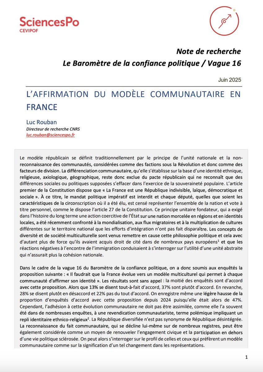 CEVIPOF - Sciences Po (@cevipof) on Twitter photo 📌L’affirmation du modèle communautaire en 🇫🇷
Nouvelle note de recherche de <a href="/Luc_Rouban/">Rouban Luc</a> <a href="/CEVIPOF/">CEVIPOF - Sciences Po</a> basée sur les résultats du dernier #baromètreConfiance : 50 % des Français favorables à un modèle multiculturel.
Lire la note 👇
sciencespo.fr/cevipof/files/… 📌L’affirmation du modèle communautaire en 🇫🇷
Nouvelle note de recherche de <a href="/Luc_Rouban/">Rouban Luc</a> <a href="/CEVIPOF/">CEVIPOF - Sciences Po</a> basée sur les résultats du dernier #baromètreConfiance : 50 % des Français favorables à un modèle multiculturel.
Lire la note 👇
sciencespo.fr/cevipof/files/…
