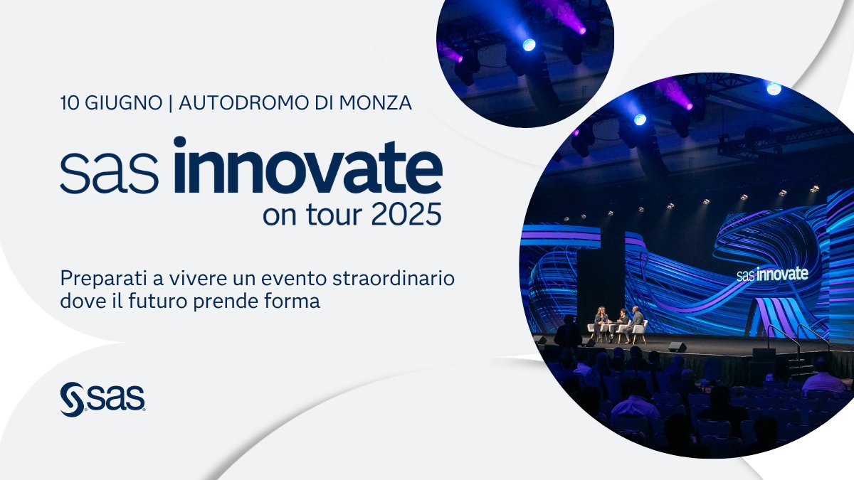 Manca sempre meno a #SASInnovateOnTour, l'evento che rappresenta un’opportunità unica per valorizzare al massimo il potenziale di #dati e #AI e portare l’innovazione al livello successivo. Appuntamento il 10 giugno all'Autodromo di Monza 👉 2.sas.com/6015Nh2Sc
