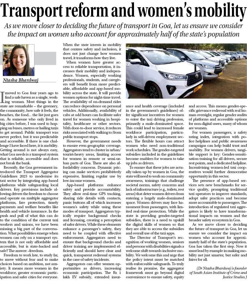 As #Goa decides the future of transport in the state, I write for Navhind Times on what impact improved mobility can have on women.
