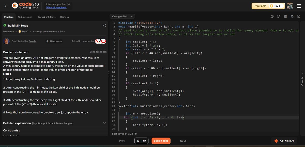 with_code01001's tweet image. Ques - Build a min heap (Coding Ninjas)