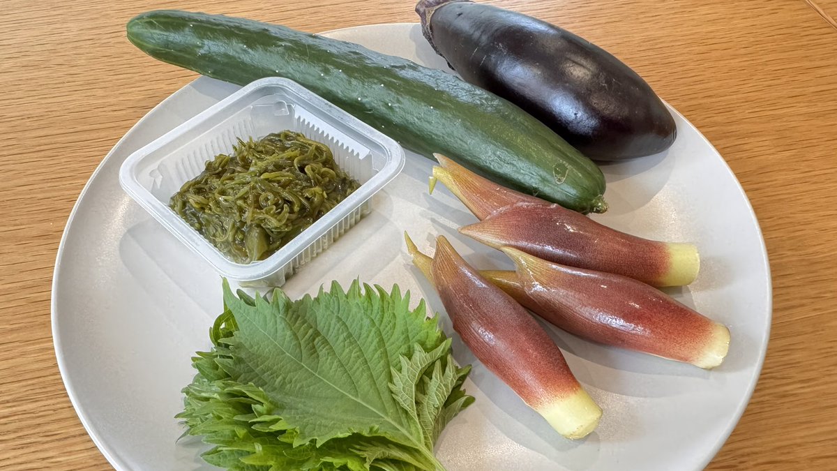 zennoh_food's tweet image. 暑い暑い暑い…夏だ夏だ夏だ…これはもう「山形のだし」を作るしかない!というわけで作ってみました。ナス、きゅうり、ミョウガ、大葉、めかぶをみじん切り(今回はみじん切りにする道具を使いました)にして、めんつゆでお好みの塩梅に味付けして完成です。お豆腐や素麺にかけてぜひどうぞ☺️