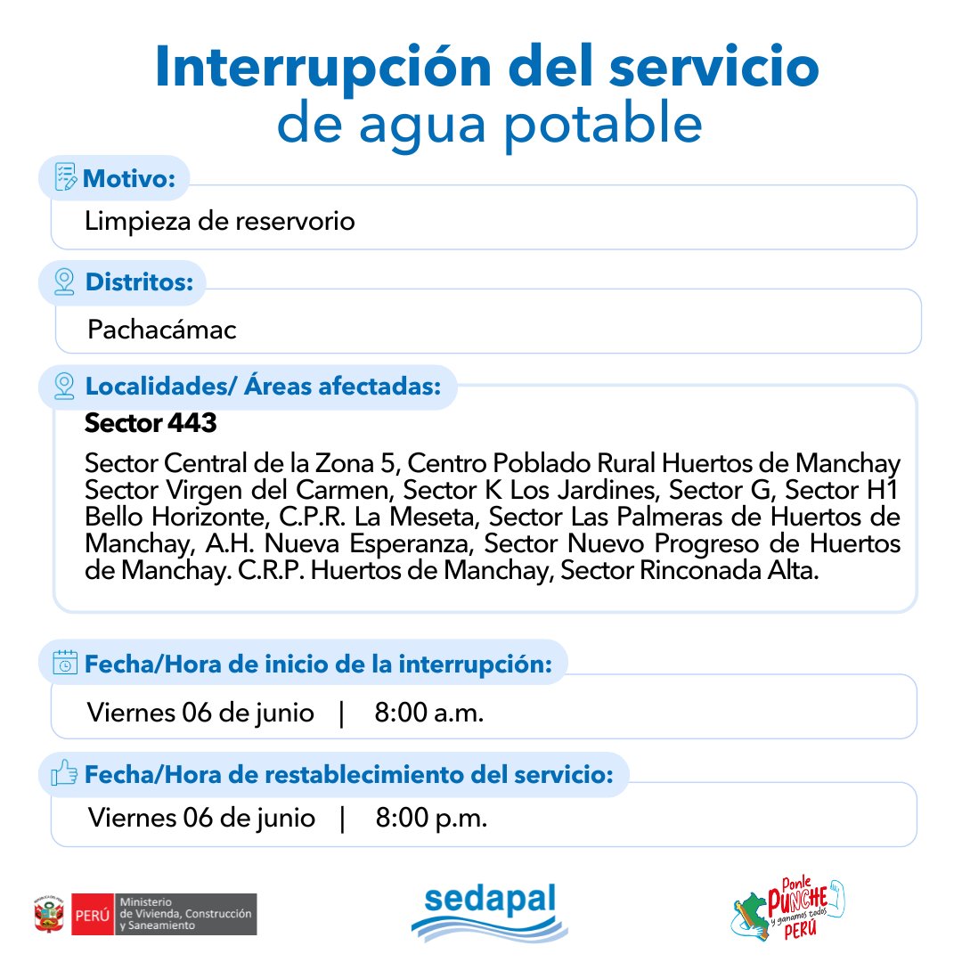 📝 Atención vecinos de #Pachacámac, con el fin de mejorar la calidad del servicio, #Sedapal tiene trabajos programados para el 06 de junio por lo que se interrumpirá parcialmente el servicio de agua en algunos sectores. Más detalles aquí 👇#InterrupciónDelServicio