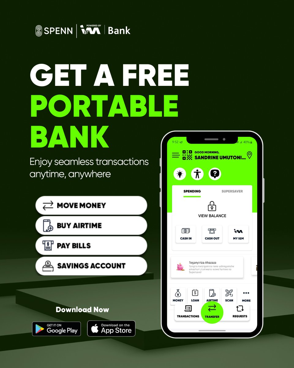 Your Bank in Your Pocket! 💚
Open a FREE SPENN account today and enjoy a full banking experience right from your phone.
✅ Send &amp; receive money
✅ Buy airtime
✅ Pay bills
✅ Save smart

#SPENN #DigitalBanking #PortableBank #CashlessMadeEasy #BankAnywhere #RwandaBanking