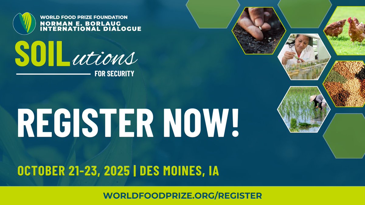 🌱 Be part of the solution: SOILutions for Security! Join the 2025 Borlaug Dialogue, Oct 21–23, where global leaders explore soil, sustainability &amp; food system resilience. 
#FoodPrize25 🔗 bit.ly/44OO2S4