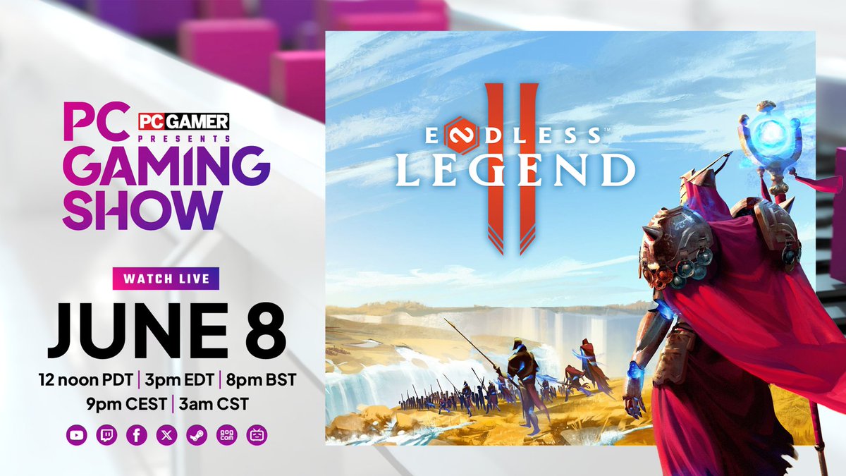 See you at the PC Gaming Show with ENDLESS Legend 2!

⏰ 12pm PDT / 3pm EDT / 8pm BST / 9pm CEST / 3am CST 

🔴 YouTube youtube.com/live/YXC7hf6PB…
🔴 Twitch twitch.tv/pcgamer
🔴 Steam store.steampowered.com/sale/PCGamingS…

@PCGamer #PCGamingShow #EndlessLegend2