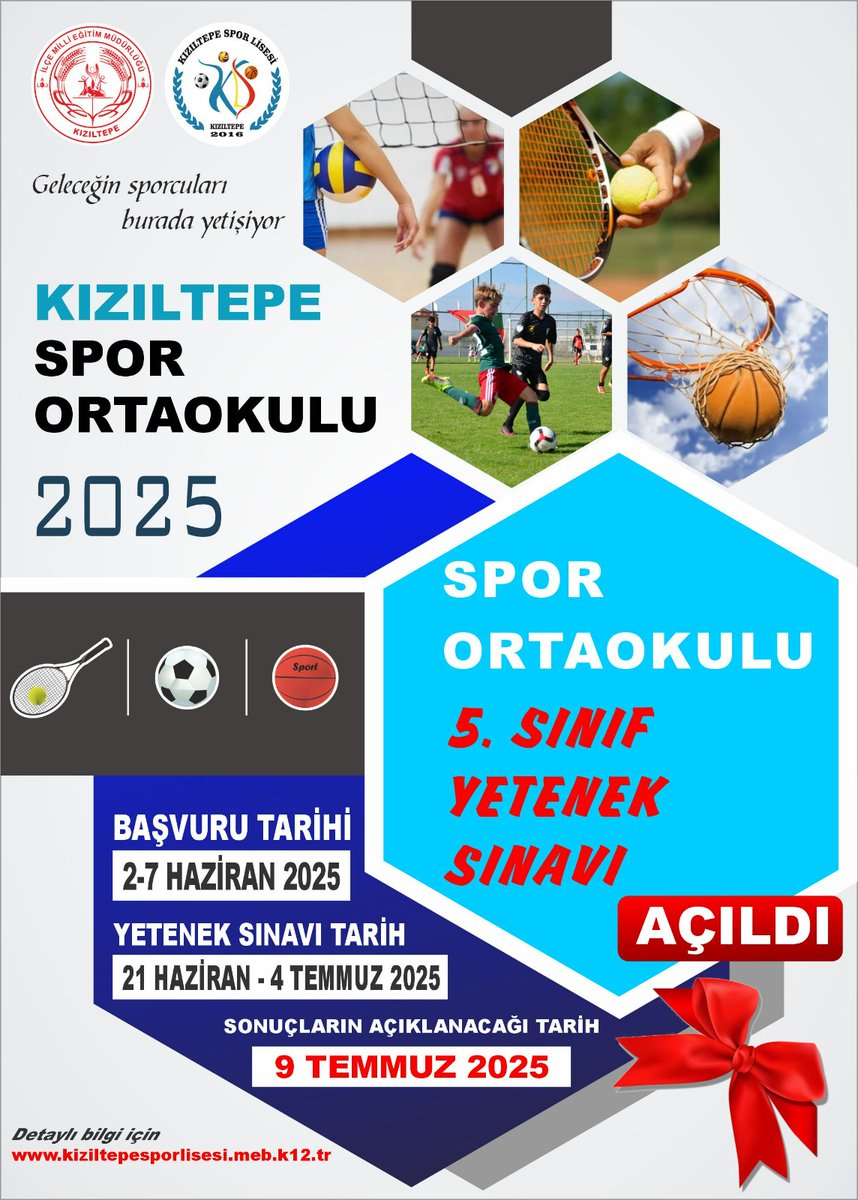 İlçemizde Kızıltepe Spor Ortaokulu açıldı! 🏫⚽🏀

2025/2026 Eğitim-Öğretim yılı için öğrenci başvuruları 2-7 Haziran 2025 tarihleri arasında alınacaktır.
Spora ilgi duyan tüm mevcut 4.sınıf öğrencilerimizi bekliyoruz.

Detaylı bilgi için Spor Lisesi idaresine başvurabilirsiniz (