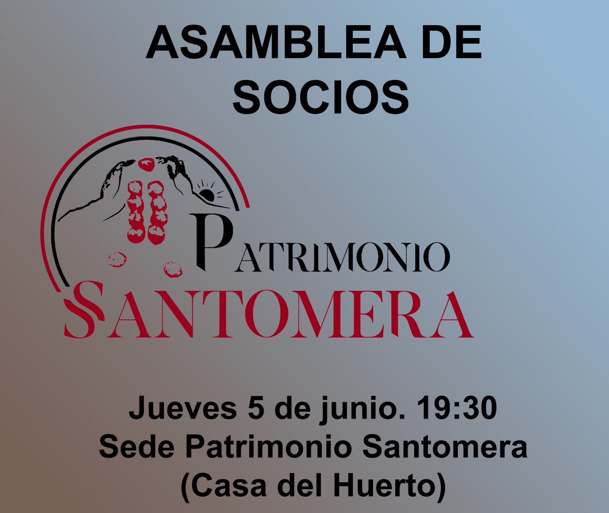 Este jueves 5 de junio a partir de las 19:30 en nuestra sede (Casa del Huerto), realizaremos nuestra “Asamblea Ordinaria de Socios”, es un buen momento para conocer desde una perspectiva genérica nuestra asociación y si te interesa hacerte socio. 
#ContamosContigo
