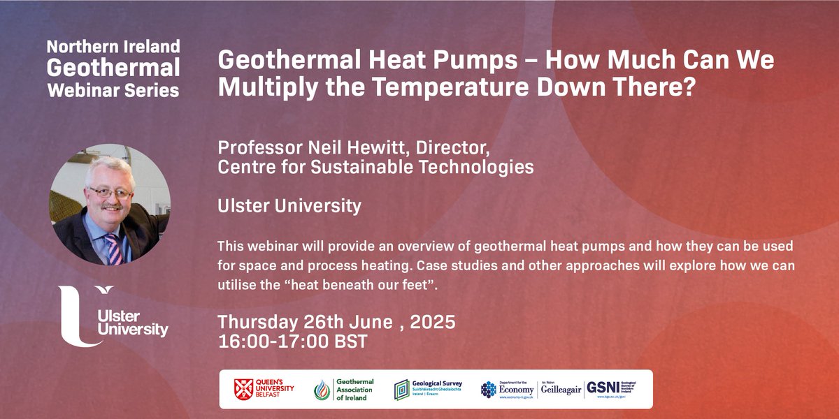 Geological Survey NI (@geosurveyni) on Twitter photo Our next geothermal webinar is “Geothermal Heat Pumps – How Much Can We Multiply the Temperature Down There?”.
Register via the Eventbrite link below:
🔊 Professor Neil Hewitt, Ulster University
📅 Thursday 26th June
🕓 16:00-17:00 BST
➡ eventbrite.co.uk/e/1394280964899
#Geothermal Our next geothermal webinar is “Geothermal Heat Pumps – How Much Can We Multiply the Temperature Down There?”.
Register via the Eventbrite link below:
🔊 Professor Neil Hewitt, Ulster University
📅 Thursday 26th June
🕓 16:00-17:00 BST
➡ eventbrite.co.uk/e/1394280964899
#Geothermal