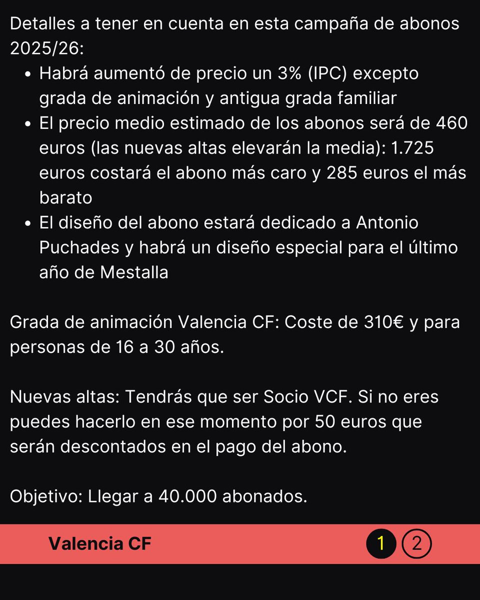 #ValenciaCF 

🦇Un breve repaso de la campaña de abonos del Valencia CF 2025/26

Teneís toda la información aquí valenciacf.com/comienza-la-ca…