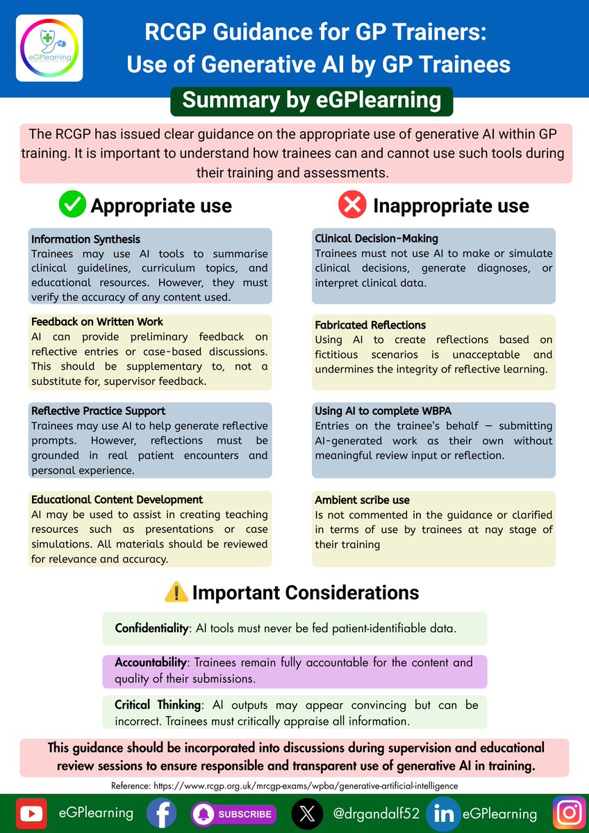 Digital and Tech GP (@drgandalf52) on Twitter photo The <a href="/rcgp/">Royal College of General Practitioners</a> has created some guidance on Generative AI use in GP training. So I have summarised it here for you.
Hope it is useful: The <a href="/rcgp/">Royal College of General Practitioners</a> has created some guidance on Generative AI use in GP training. So I have summarised it here for you.
Hope it is useful: