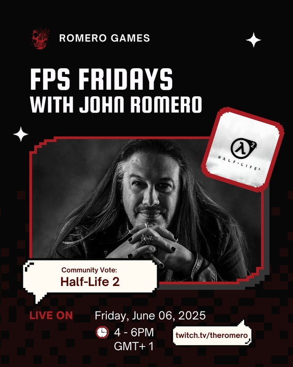 romero's tweet image. Coming up this #FPSFriday, one of the greatest shooters ever made -- Half-Life 2! Join us on Twitch at 4PM GMT+1 twitch.tv/theromero. To vote on the next game, join our discord discord.com/invite/romero.