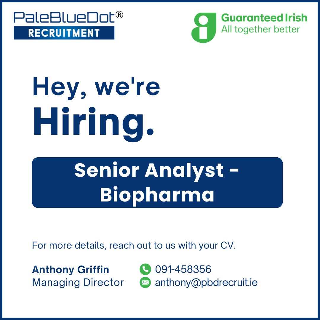 Our client is hiring a Senior Analyst for their Biopharma dept. to perform scientific test procedures on client samples, ensuring accurate and timely results. 

Contact Anthony or visit pbdrecruit.ie/explorejobs/#j…
for all the details
#PaleBlueDotRecruitment #MedTech