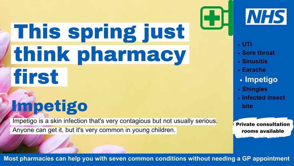 This Spring, think Pharmacy First for impetigo.

Impetigo is a skin infection that's very contagious but not usually serious. Anyone can get it, but it's very common in young children 👶

📲 For more information on the Pharmacy First service, visit orlo.uk/cyLUY