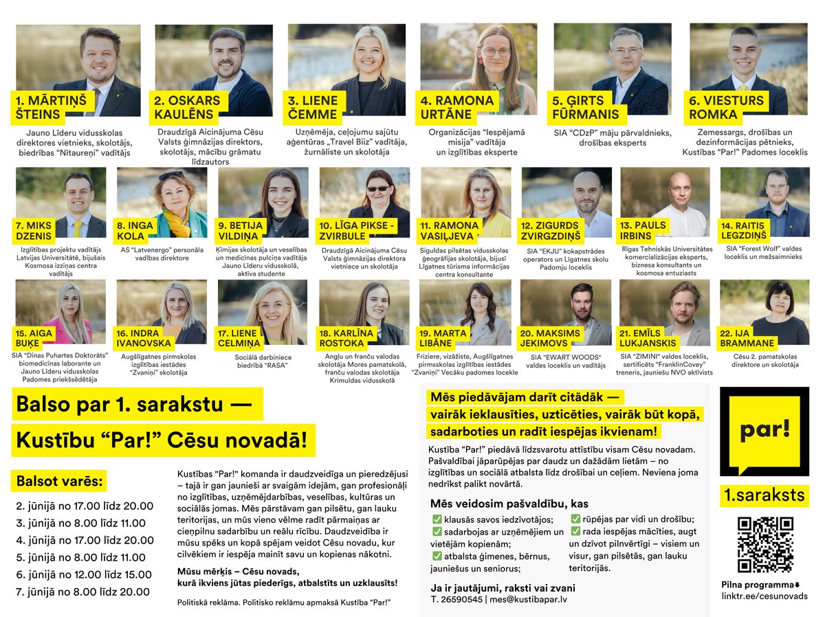 1. saraksts Cēsu novadā. “Par!” saraksta līderis – <a href="/MartinsSteins/">Mārtiņš Šteins</a>. Īsts profesionālis, 13. Saeimas deputāts, bijušais Iekšlietu ministrijas parlamentārais sekretārs, skolotājs. Visu savu dzīvi ieguldījis, lai stiprinātu vietējās kopienas un iedzīvotāju spēju līdzdarboties