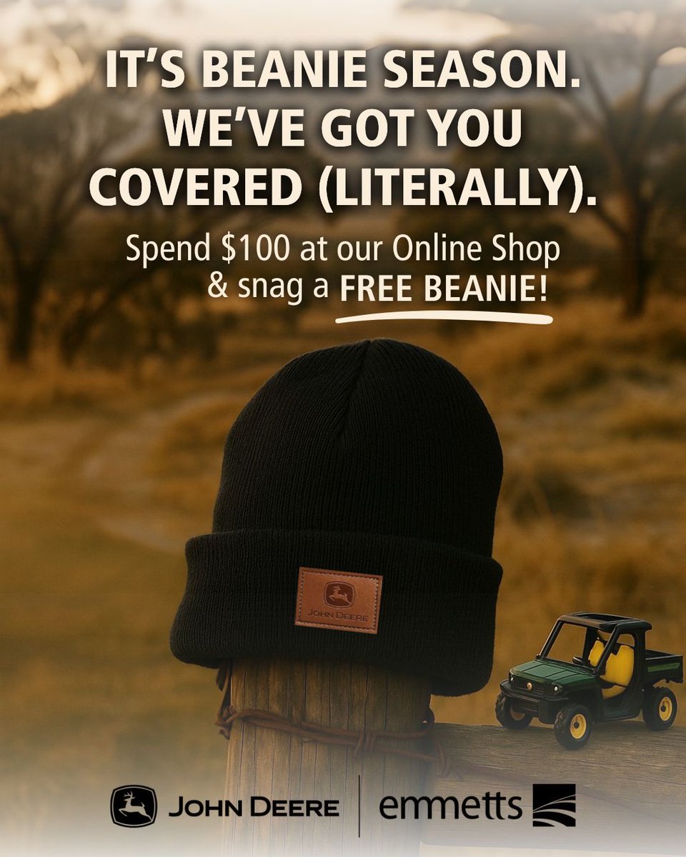 🧢 Cold head? Not on our watch 👀
Spend $100 at our online shop and we’ll chuck in a FREE John Deere beanie!
👉 Shop now before they disappear: emmetts.com.au/shop/ 

*T&amp;Cs Apply