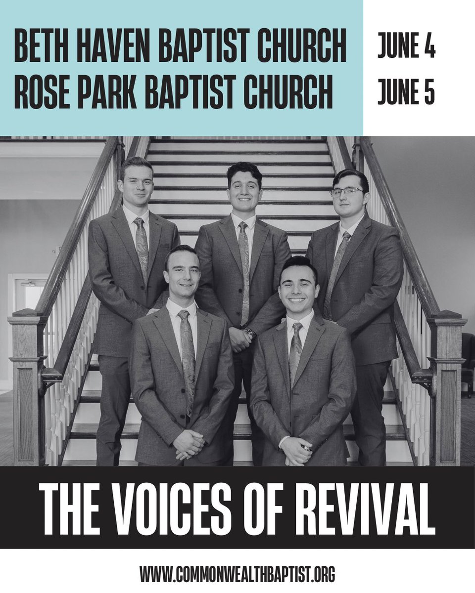 The Voices of Revival are headed to Michigan!

Wed, June 4 – Beth Haven Baptist Church, Sheridan, MI

Thurs, June 5 – Rose Park Baptist Church, Holland, MI

Call the church offices for service times and directions—come be encouraged.

#VOR2025 #CBCplace2be #MichiganMeetings