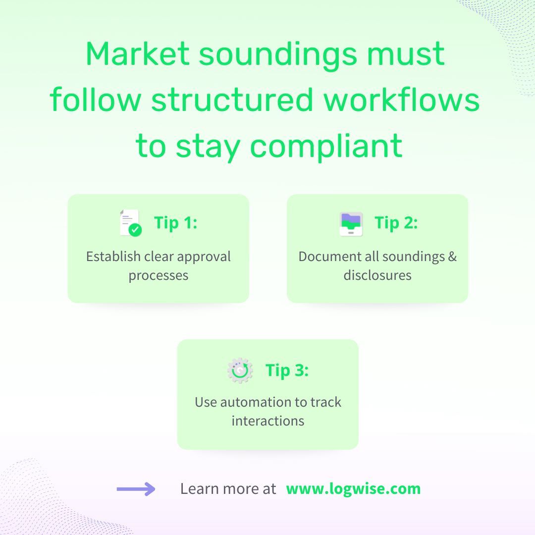 LogwiseTeam's tweet photo. Market soundings must follow structured workflows to stay compliant.

Standardise your market sounding process with Logwise. Learn more: https://t.co/tDFdIl6CzD

#ComplianceTips #MarketSoundings #MAR #RegTech https://t.co/6JwUPIZ82e