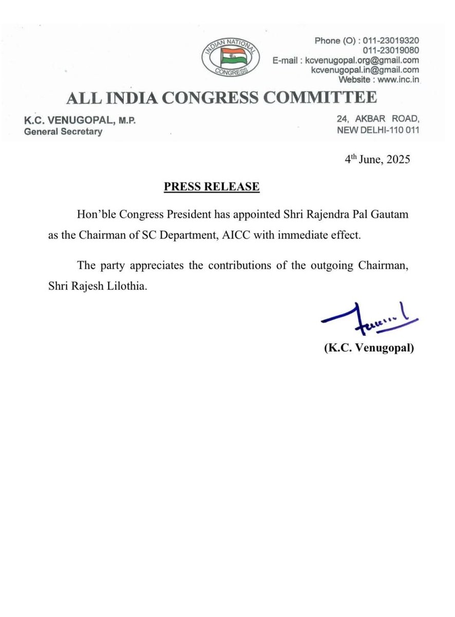 Neeraj Kundan (@neerajkundan) on Twitter photo कांग्रेस अध्यक्ष श्री <a href="/kharge/">Mallikarjun Kharge</a> जी की अनुमति से श्री <a href="/AdvRajendraPal/">(समण) Rajendra Pal Gautam</a> जी को अखिल भारतीय कांग्रेस कमेटी के अनुसूचित जाति विभाग का अध्यक्ष नियुक्त किया गया है।
हमें पूरी उम्मीद है कि आपके नेतृत्व में अनुसूचित वर्ग की सामाजिक न्याय की लड़ाई और मजबूत होगी।
हार्दिक शुभकामनाएं एवं कांग्रेस अध्यक्ष श्री <a href="/kharge/">Mallikarjun Kharge</a> जी की अनुमति से श्री <a href="/AdvRajendraPal/">(समण) Rajendra Pal Gautam</a> जी को अखिल भारतीय कांग्रेस कमेटी के अनुसूचित जाति विभाग का अध्यक्ष नियुक्त किया गया है।
हमें पूरी उम्मीद है कि आपके नेतृत्व में अनुसूचित वर्ग की सामाजिक न्याय की लड़ाई और मजबूत होगी।
हार्दिक शुभकामनाएं एवं