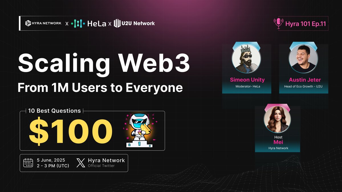 🚨 AMA Hyra 101- Ep.11: Join to win $100🚨

From fragmented tools to frictionless UX, the journey to scale Web3 for everyone is just beginning. This week's AMA, we’ll dive deep into what it takes to make Web3 mainstream.

💰 Rewards: $100/10 best questions
🕰️Time: 14:00 UTC | 5