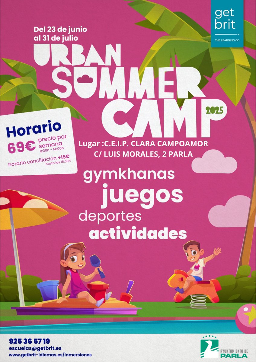 Nos emociona presentar el Campamento de Verano Urbano Parla 2025 .

📷 Horarios flexibles

Entrada: 08:30h
Salida: 14:30h , con posibilidad de ampliar hasta las 15:00h .

Si tienen cualquier consulta, estaremos encantados de ayudarles al número 92 536 57 19.