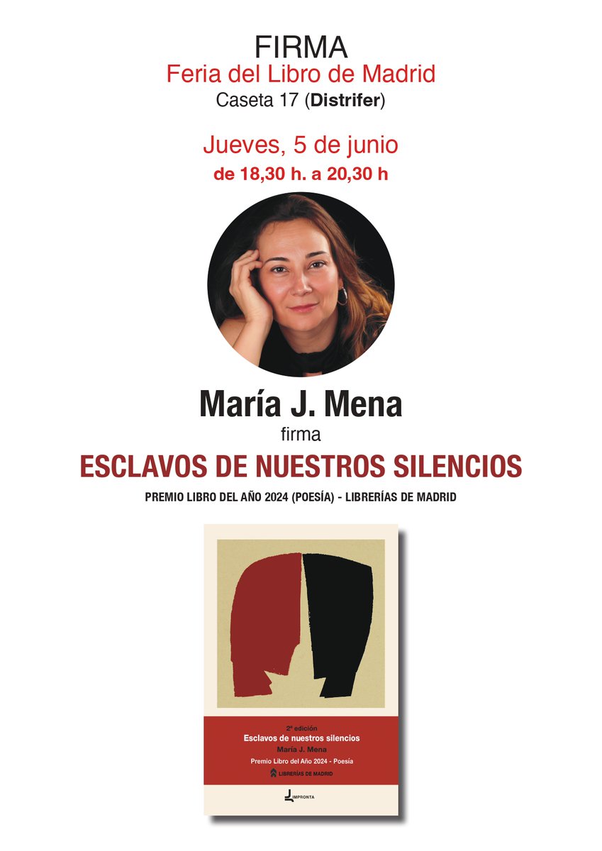 Este jueves 5, 18:30 - 20:30 h, firmaré en la <a href="/FLMadrid/">Feria del Libro de Madrid</a> Esclavos de nuestros silencios (<a href="/Improntaeditora/">Editorial Impronta</a>), distinguido por <a href="/libreriasmadrid/">Librerías de Madrid</a> con el Premio Libro del Año 2024 (poesía). 
Caseta 17 (Distrifer). Acceso directo: Puerta de Madrid (O'Donnell), metros Príncipe de Vergara.