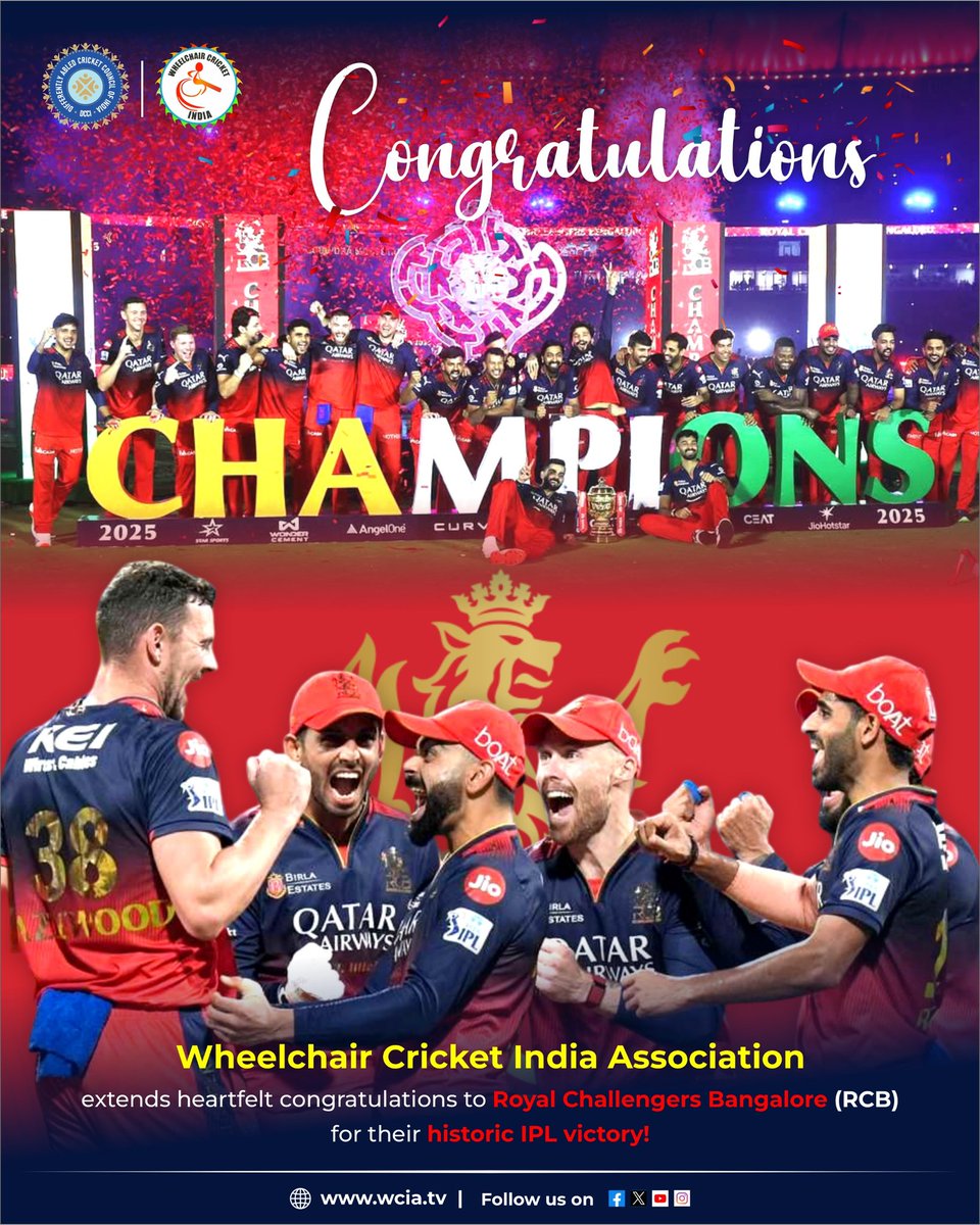 Wheelchair Cricket India Association (@wcia_official) on Twitter photo #RCB More than a team, it's an emotion! From years of hope to glory the wait is over! Wheelchair Cricket India salutes your never-give-up spirit.
Ee Sala Cup Namde... finally!
<a href="/dcciofficial/">Differently Abled Cricket Council of India</a> <a href="/imRaviKChauhan/">Ravi Kant Chauhan रविकांत चौहान</a>
<a href="/sqnldrabhai/">Abhai</a>
#RCBvsPBKS #RCBChampions
#ViratKohli #ViratKohli𓃵 #RCB More than a team, it's an emotion! From years of hope to glory the wait is over! Wheelchair Cricket India salutes your never-give-up spirit.
Ee Sala Cup Namde... finally!
<a href="/dcciofficial/">Differently Abled Cricket Council of India</a> <a href="/imRaviKChauhan/">Ravi Kant Chauhan रविकांत चौहान</a>
<a href="/sqnldrabhai/">Abhai</a>
#RCBvsPBKS #RCBChampions
#ViratKohli #ViratKohli𓃵