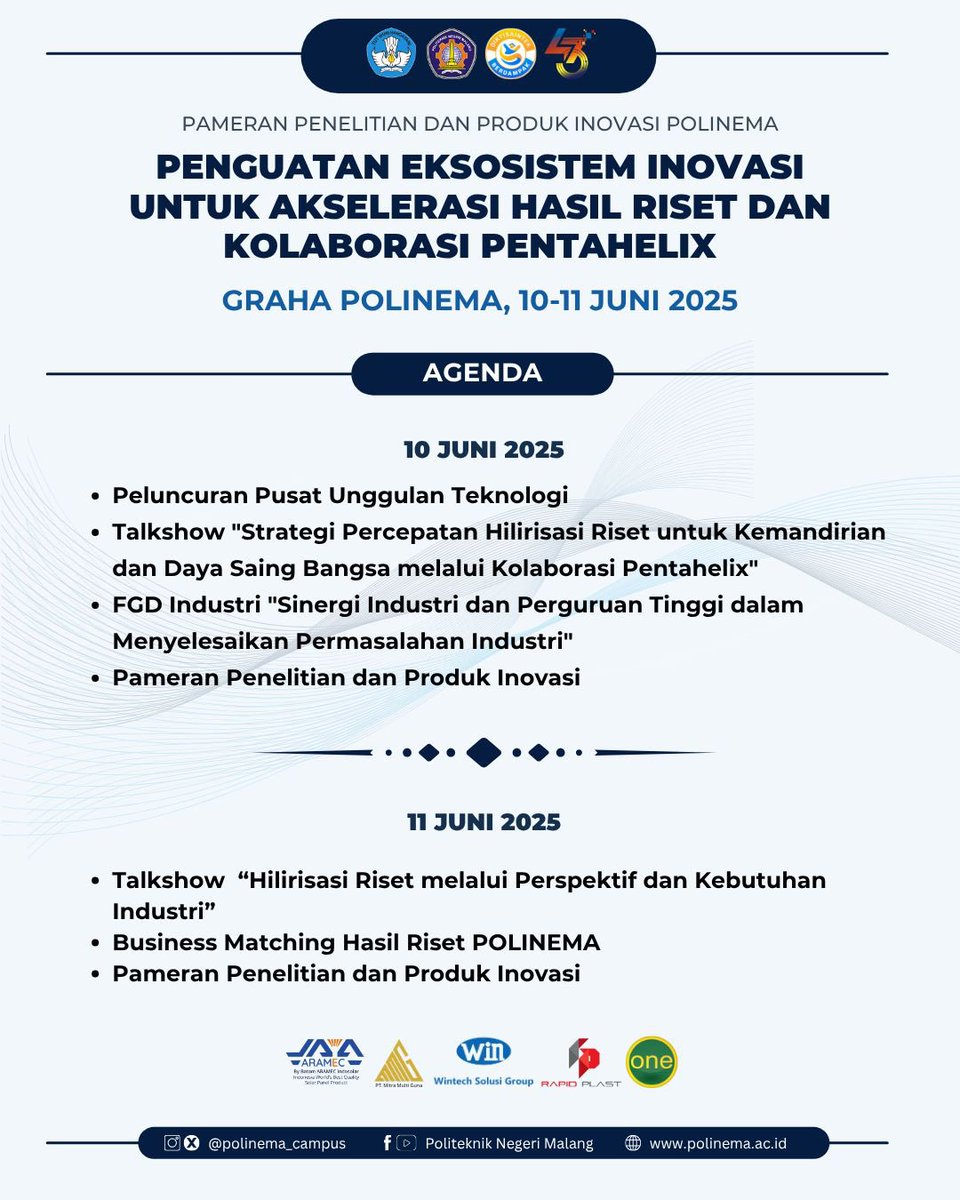 📌 Pameran Penelitian dan Produk Inovasi POLINEMA 2025
🗓 10–11 Juni 2025
📍 Graha Polinema

#Polinema #PameranInovasi2025 #RisetDanInovasi #Pentahelix #InovasiUntukBangsa #PolinemaMenginspirasi