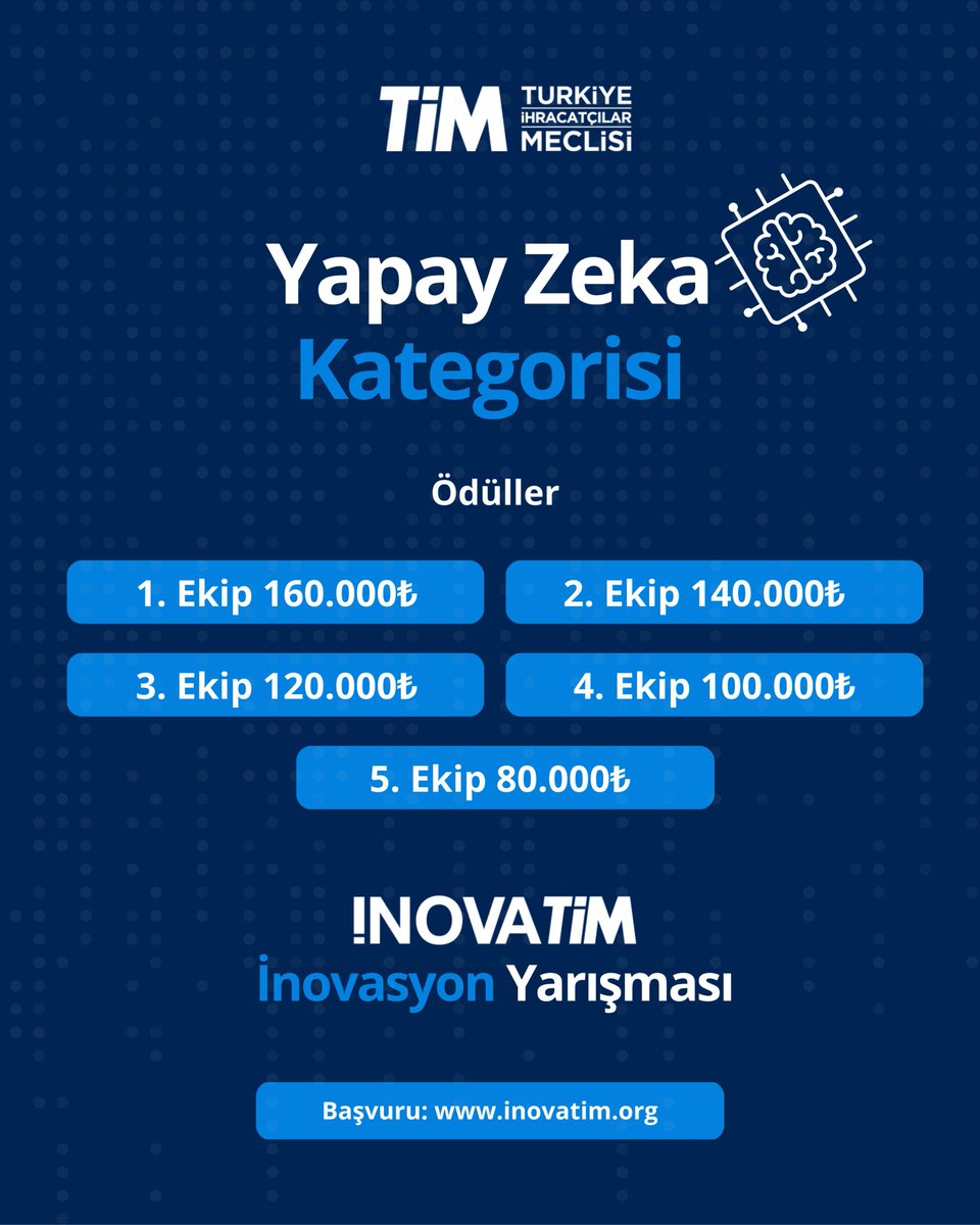 İnovaTİM İnovasyon Yarışması 2025 Başvuruları Başladı!
 
Bu yıl 5.si düzenlenen Yarışma, “Yapay Zekâ” ve “Sürdürülebilirlik &amp; Yeşil Teknolojiler” kategorileriyle başvuruları almaya başladı!

Son başvuru: 16 Haziran 2025
Başvuru adresi: inovatim.org