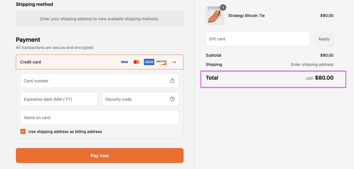 Michael Saylor's company, Strategy, is now selling "Bitcoin Ties" for $80 USD (plus shipping + tax)!

The funniest part? They only accept fiat.

It's peak irony—these Bitcoiners spend all day shilling BTC, but won't accept it as payment (because it's slow and useless). At the end