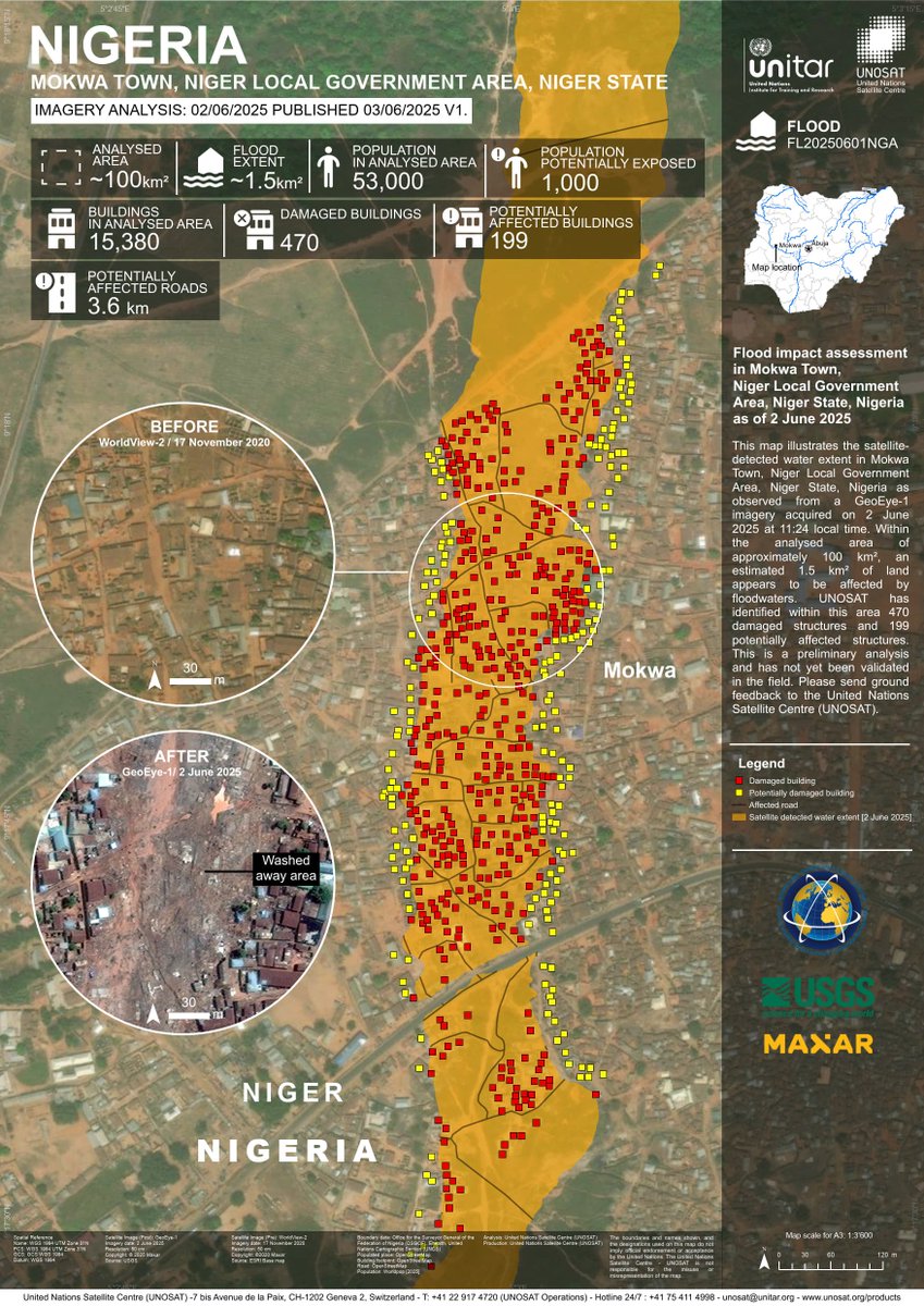 UNOSAT's tweet image. 🌊 #Floods in Mokwa, Niger State. Extensive flash flooding reveals severe impacts across the area: 

- at least 470 houses may have been severely damaged

More here 👉 unosat.org/products/4138

#NigeriaFloods #UNOSAT #EmergencyMapping