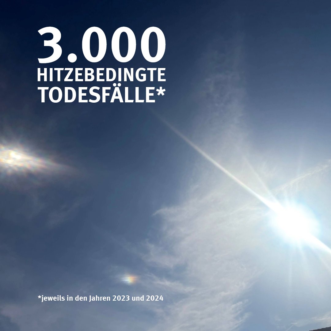 Heute ist #Hitzeaktionstag. Studie zur hitzebedingten Sterblichkeit in Deutschland veröffentlicht: In den Sommern 2023 &amp; 2024 gab es jeweils ca. 3.000 hitzebedingte Todesfälle in Deutschland. Betroffen waren v.a. Menschen über 75 Jahre mit Vorerkrankungen. umweltbundesamt.de/presse/pressem…
