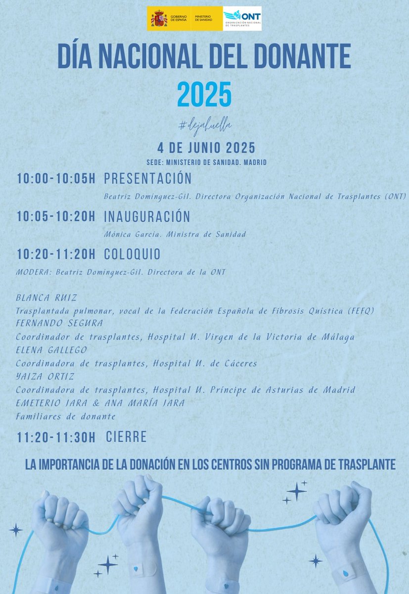 Organización Nacional de Trasplantes (@ont_esp) on Twitter photo 💓 Conmemoramos el #DíaNacionalDelDonante de órganos, tejidos y células. Un acto especial en <a href="/sanidadgob/">Ministerio de Sanidad</a> en el que participarán las asociaciones de pacientes, impulsoras de este día. Podeís seguirlo a partir de las 10 por: 👉 youtube.com/live/URpHnPqQo… #DND2025 #OrgulloONT💙 💓 Conmemoramos el #DíaNacionalDelDonante de órganos, tejidos y células. Un acto especial en <a href="/sanidadgob/">Ministerio de Sanidad</a> en el que participarán las asociaciones de pacientes, impulsoras de este día. Podeís seguirlo a partir de las 10 por: 👉 youtube.com/live/URpHnPqQo… #DND2025 #OrgulloONT💙