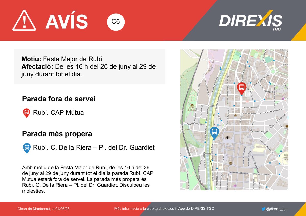 DIREXIS TGO (@direxis_tgo) on Twitter photo ⚠ Atenció #C6 <a href="/AjRubi/">Ajuntament de Rubí</a>
🗓 De les 16 h del 26 de juny al 29 de juny durant tot el dia
⛔ Parades fora de servei
Amb motiu de la Festa Major de #Rubí, hi hauran parades fora de servei. Disculpeu les molèsties ⚠ Atenció #C6 <a href="/AjRubi/">Ajuntament de Rubí</a>
🗓 De les 16 h del 26 de juny al 29 de juny durant tot el dia
⛔ Parades fora de servei
Amb motiu de la Festa Major de #Rubí, hi hauran parades fora de servei. Disculpeu les molèsties