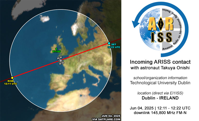 Riccardo Rossi - IU4APB - @AstronautiCAST co-host (@rikyunreal) on Twitter photo Incoming <a href="/ARISS_Intl/">ARISS - Amateur Radio on the ISS</a> event
<a href="/JAXA_jp/">JAXA(宇宙航空研究開発機構)</a> astronaut <a href="/Astro_Onishi/">大西卓哉 (JAXA宇宙飛行士)Takuya Onishi</a> will speak with students of the Technological University Dublin <a href="/WeAreTUDublin/">TU Dublin / OT Baile Átha Cliath</a> - IRELAND 🇮🇪
Live: live.ariss.org
Direct via #EI1ISS
Jun 04, 2025 - 12:11 UTC
downlink 145,800 MHz FM-N over EU 🇪🇺 Incoming <a href="/ARISS_Intl/">ARISS - Amateur Radio on the ISS</a> event
<a href="/JAXA_jp/">JAXA(宇宙航空研究開発機構)</a> astronaut <a href="/Astro_Onishi/">大西卓哉 (JAXA宇宙飛行士)Takuya Onishi</a> will speak with students of the Technological University Dublin <a href="/WeAreTUDublin/">TU Dublin / OT Baile Átha Cliath</a> - IRELAND 🇮🇪
Live: live.ariss.org
Direct via #EI1ISS
Jun 04, 2025 - 12:11 UTC
downlink 145,800 MHz FM-N over EU 🇪🇺