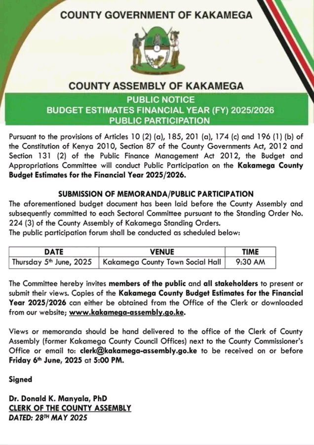 Public participation notice 🚨🚨.
Tomorrow there will be a public participation forum on the Budget Estimates Fy 2025/2026 Kakamega county. 
Venue: Social Hall Kakamega town 
Date: June 5th 2025 from 9:00 am 
#JihusisheNaBajeti <a href="/HakiHub71596/">Haki Community Hub</a> <a href="/network_and/">Network for Research & Governance</a> <a href="/autojinsia_CBO/">autojinsia CBO</a>