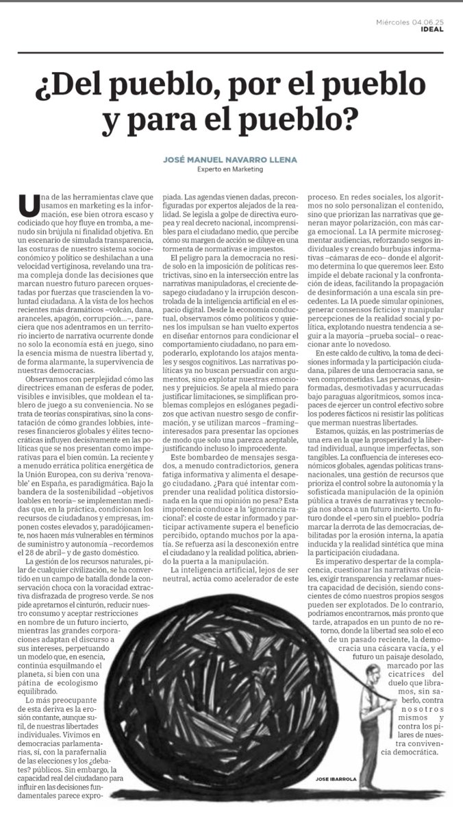 ¿Del pueblo, por el pueblo y para el pueblo?

Publicado en <a href="/ideal_granada/">ideal_granada</a>  (Grupo Vocento) y en mi blog:
granadablogs.com/entrelineas/20…
#democracia #IA