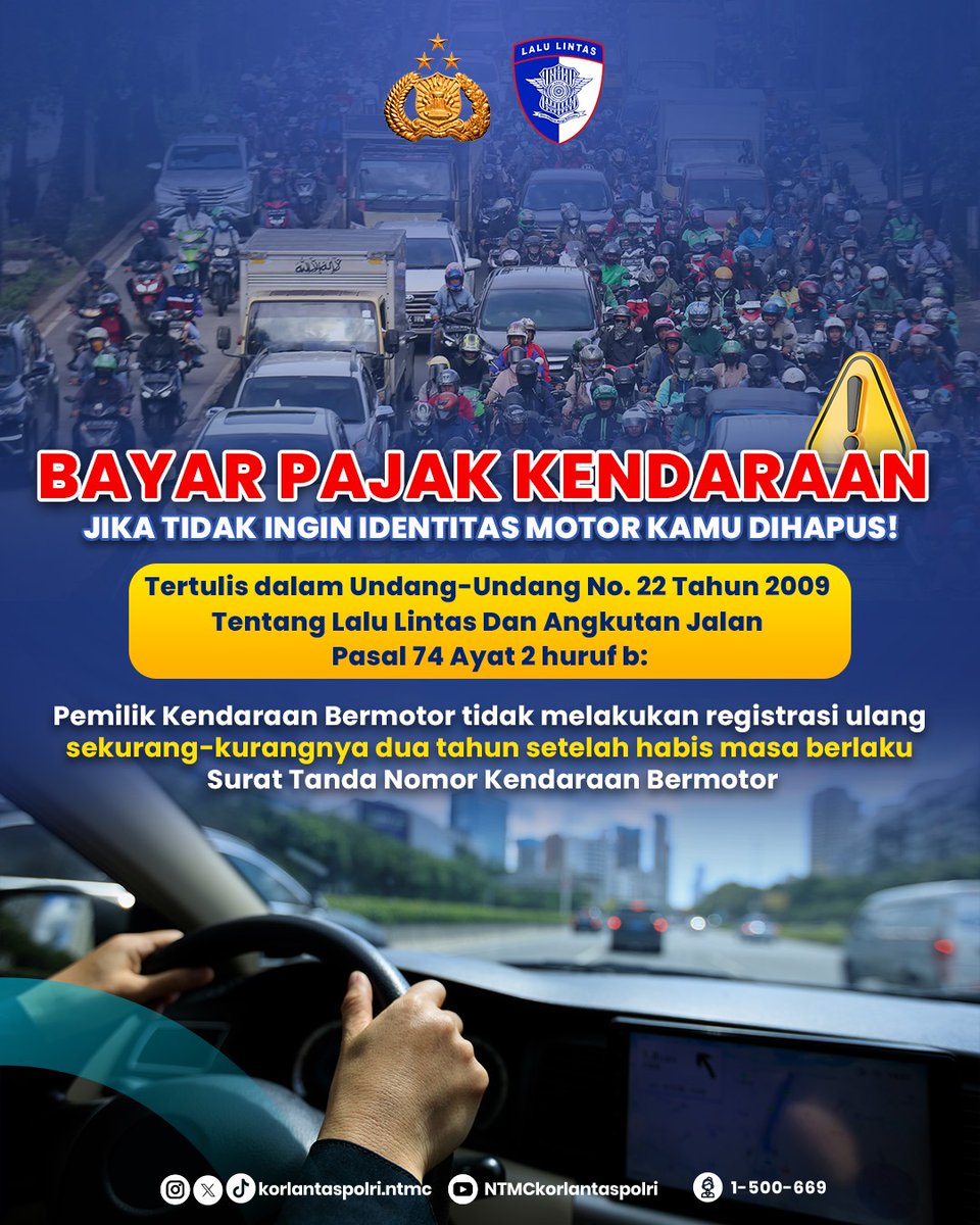 Sahabat lantas ingat bayar pajak kendaraan tepat waktu ya, hindari denda dan sanksi!

Selalu tertib administrasi dan tertib berlalu lintas. 

#BayarPajakKendaraan #TertibLaluLintas #TertibAdministrasi #NTMCPolri #KorlantasPolri #IngatSelalu