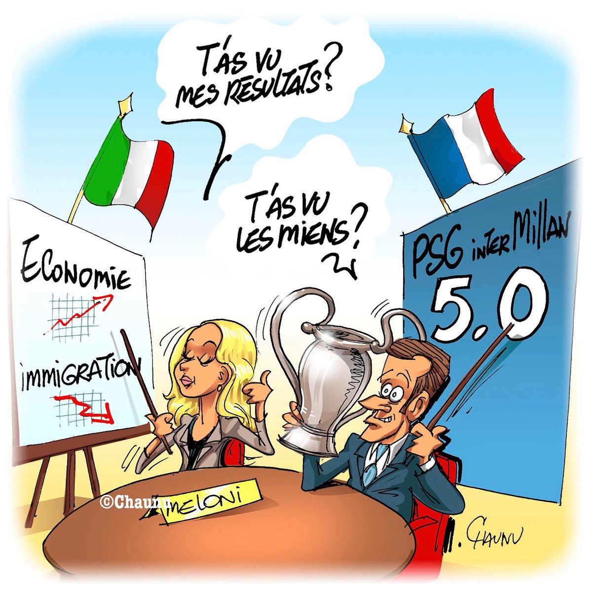 ✏️ mon #dessin publié aujourd’hui dans <a href="/_lunion/">L'union</a> : rencontre franco-italienne au sommet, quelques jours après la finale de la Ligue des champions