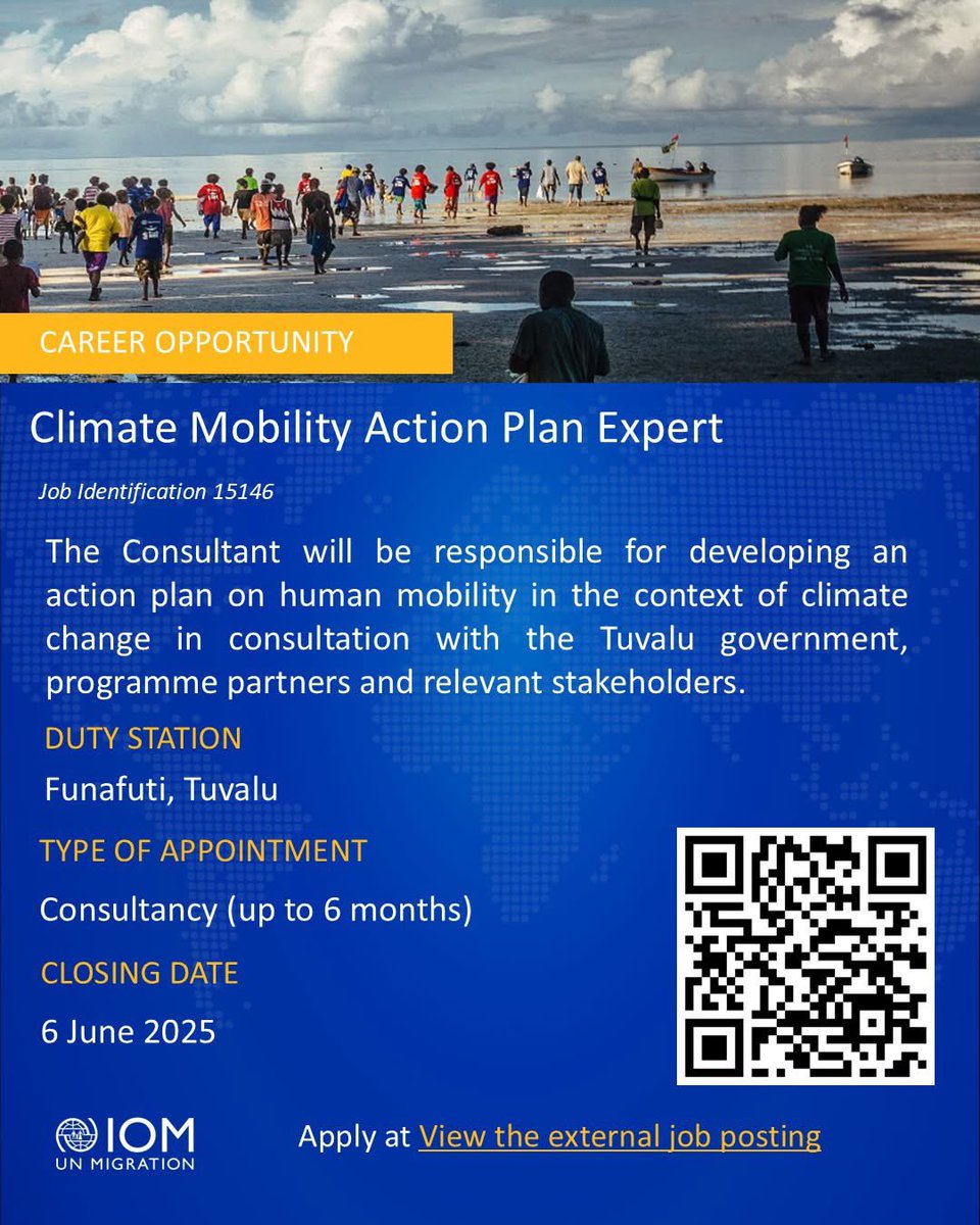 📣 An opportunity to work with IOM! We’re looking for a Climate Mobility Action Plan consultant. 

Application details below: 👇