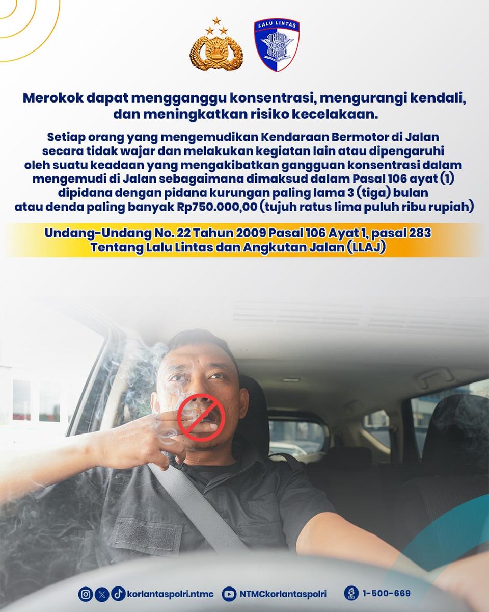 Merokok saat berkendara bukan hanya kebiasaan buruk, tapi juga bisa mengancam keselamatan! Aktivitas ini mengganggu konsentrasi, mengurangi kendali atas kendaraan, dan meningkatkan risiko kecelakaan di jalan. Jangan biarkan satu batang rokok membuat nyawa jadi taruhan.

🚔
