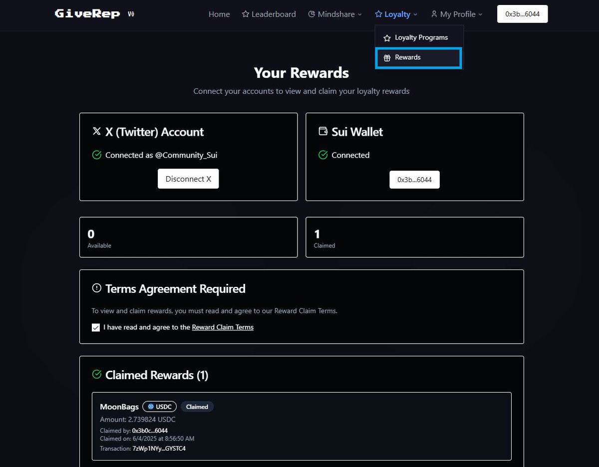 CLAIM YOUR FIRST REWARDS LOYALTY 🪂

Giverep → Loyalty → Rewards → Claim 💰

Connect and claim USDC now. If you don't have any to claim, don't worry! Drop your #Sui wallet address 👇Harry up!

More and more prizes are coming! <a href="/ikadotxyz/">Ika「🦑」</a> 

#Sui #SuiCommunity #GiveRep