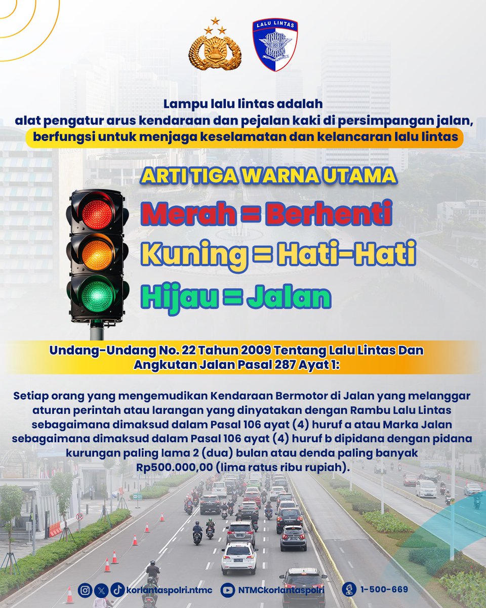 Sahabat lantas patuhi aturan-aturan yang berlaku, karena satu detik melanggar bisa berakibat fatal bagi diri sendiri dan orang lain. Jadilah pengendara yang bijak dan bertanggung jawab. Tertib di traffic light, selamat sampai tujuan!

#TertibLaluLintas #NTMCPolri #KorlantasPolri