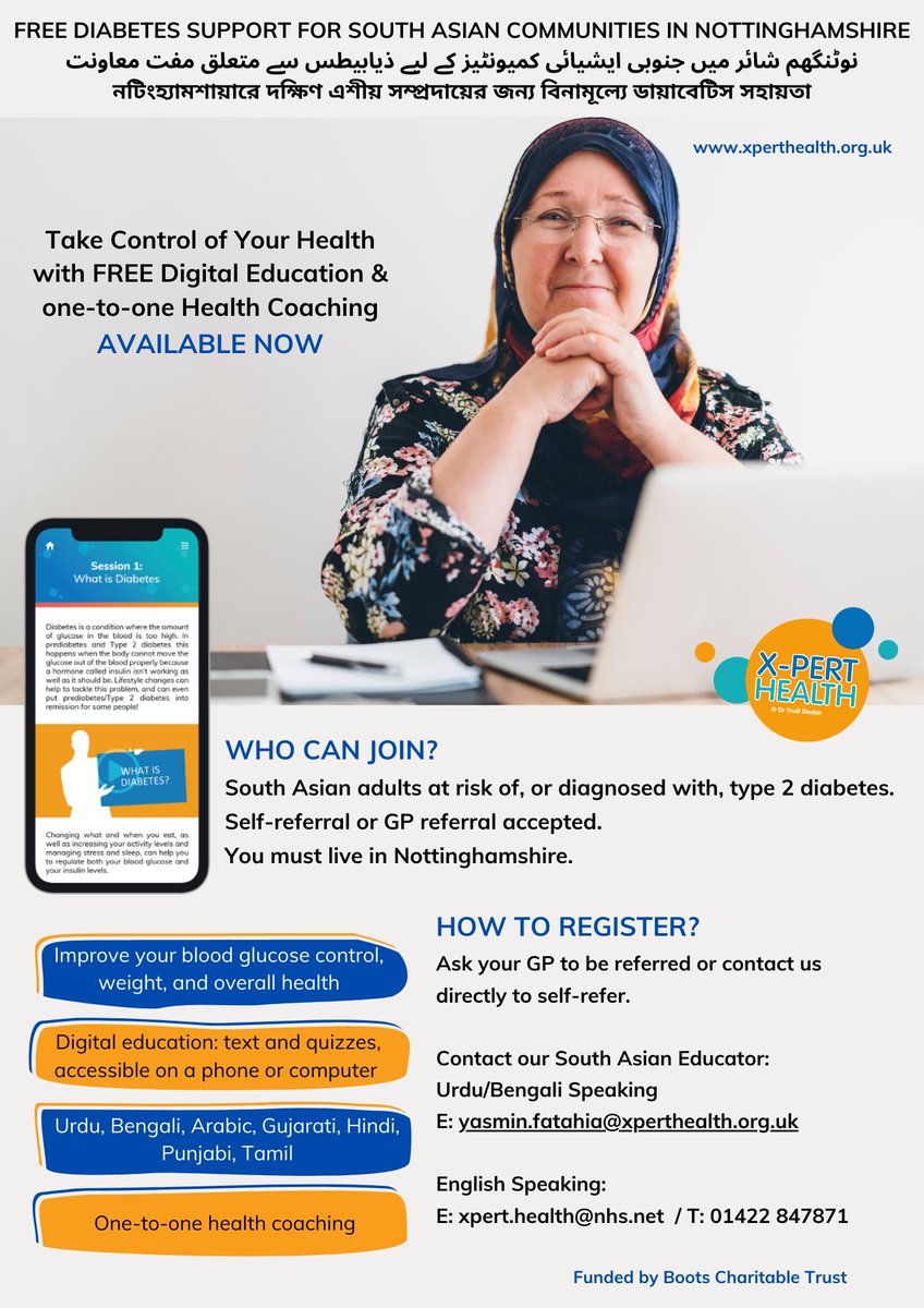 Free diabetes support for South Asian adults (18+) in Nottinghamshire! 
✅ Digital education
✅ 1-on-1 coaching
✅ Languages: Urdu, Bengali, Arabic, Gujarati, Hindi, Punjabi, Tamil
Limited spots—register today! 
👉xperthealth.org.uk/diabetes-suppo…