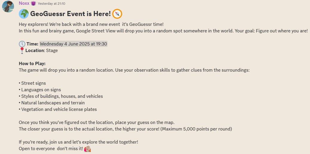 Exciting Announcement Seismic GeoGuessr Event is Here!

📅 Date: 4 June 2025
⏰ Time: 14:00 UTC / 19:30 IST 
Location Seismic discord stage
 
How to play: Google street view drop a random map, you goal is figure out where you are
Don't miss this fun event 🤩

<a href="/SeismicSys/">Seismic</a> #Seismic