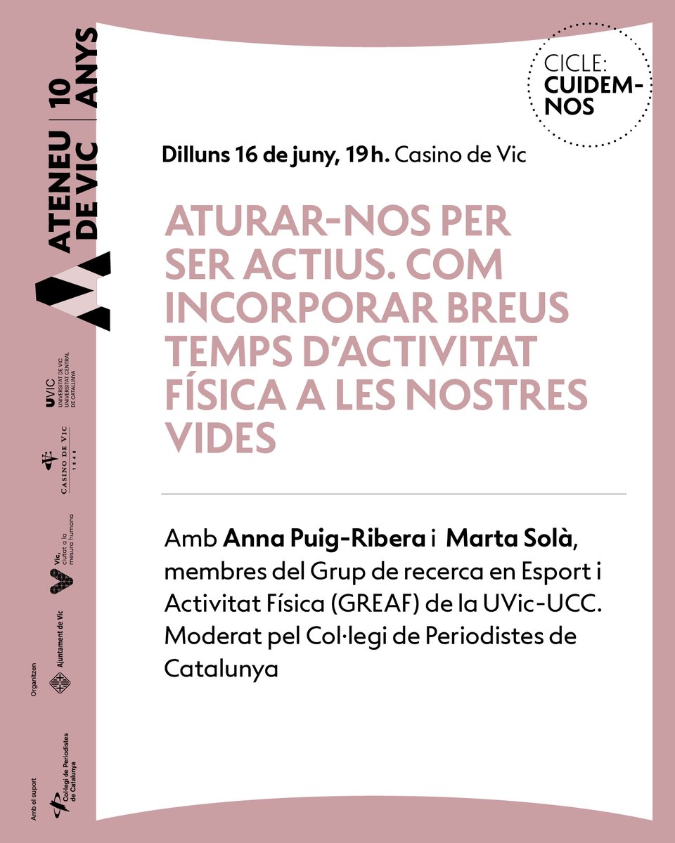 UVic_CESS (@uvic_cess) on Twitter photo Dilluns 16 de juny a les 19:00 h ens trobem al <a href="/casino_vic/">Casino de Vic</a> per parlar sobre "Aturar-nos per ser actius, com incorporar breus temps d'activitat física a les nostres vides", amb Anna Puig-Ribera i Marta Solà (membres del GREAF de la <a href="/uvic_ucc/">UVic-UCC</a>).
<a href="/AteneudeVic/">Ateneu Vic</a> #salut #vic #activitat Dilluns 16 de juny a les 19:00 h ens trobem al <a href="/casino_vic/">Casino de Vic</a> per parlar sobre "Aturar-nos per ser actius, com incorporar breus temps d'activitat física a les nostres vides", amb Anna Puig-Ribera i Marta Solà (membres del GREAF de la <a href="/uvic_ucc/">UVic-UCC</a>).
<a href="/AteneudeVic/">Ateneu Vic</a> #salut #vic #activitat