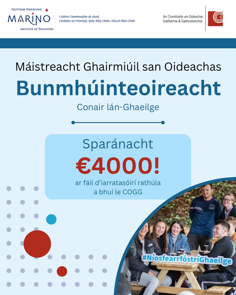 MIE (@marinoinstitute) on Twitter photo 📢 Great news! COGG <a href="/Education_Ire/">Department of Education and Youth</a> offers €2,000/year bursaries for #PME (Primary Teaching) students on the Irish-medium pathway!
✅ TEG B1 oral OR full exam accepted (full exam needed by Year 1 end).
⏰ Deadline: 5PM, Fri 6 June 2025.
ℹ️ mie.ie #MIE #PME #MGO 📢 Great news! COGG <a href="/Education_Ire/">Department of Education and Youth</a> offers €2,000/year bursaries for #PME (Primary Teaching) students on the Irish-medium pathway!
✅ TEG B1 oral OR full exam accepted (full exam needed by Year 1 end).
⏰ Deadline: 5PM, Fri 6 June 2025.
ℹ️ mie.ie #MIE #PME #MGO