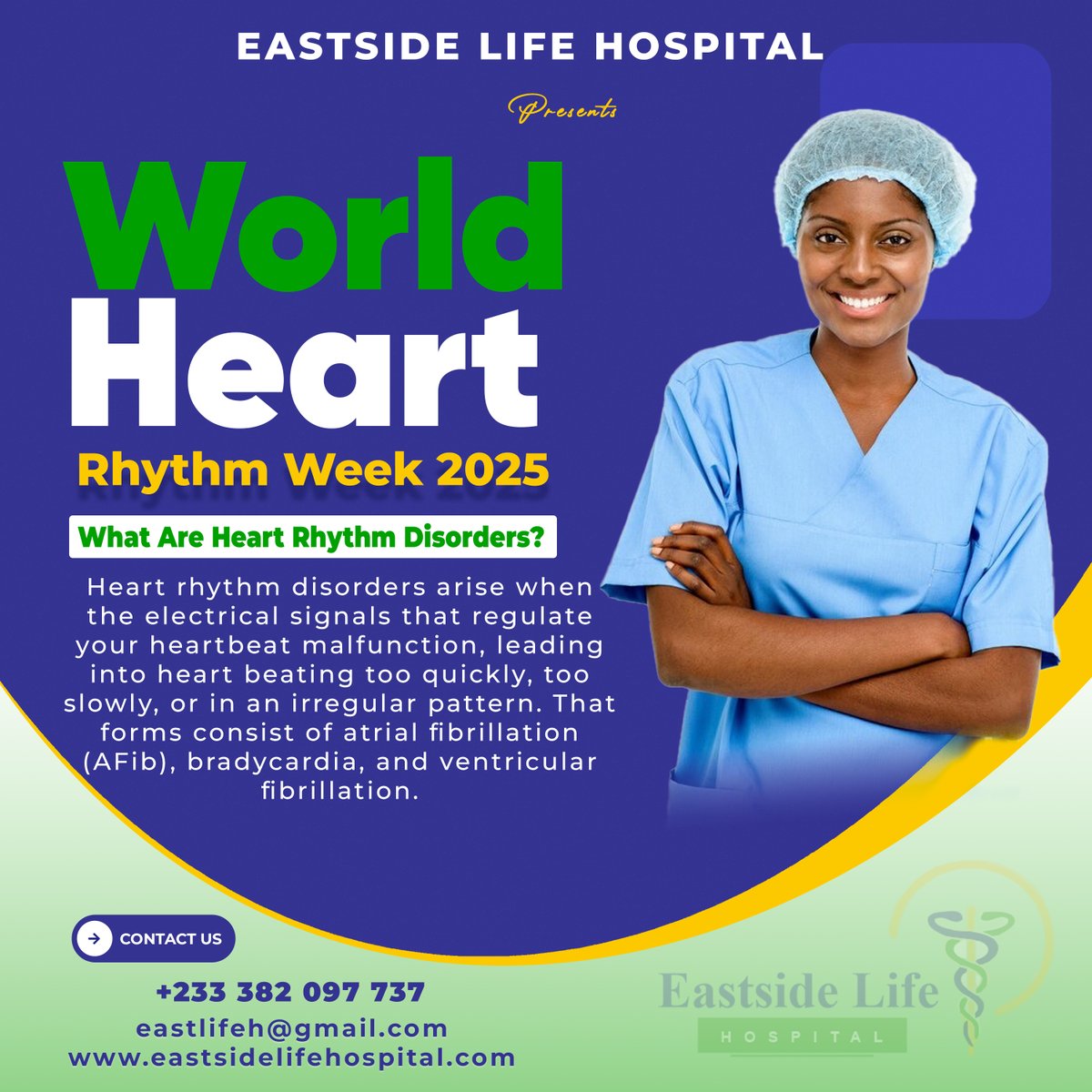 EastsideLH's tweet photo. What Are Heart Rhythm Disorders?
Heart rhythm disorders arise when the electrical signals that regulate your heartbeat malfunction
#WorldHeartRhythmWeek #EastsideLifeHospital #HeartHealth #ArrhythmiaAwareness #BolgatangaCares #CheckYourPulse #EveryHeartbeatMatters https://t.co/GHeCixkZXT