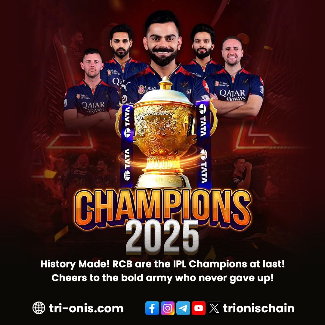 🏆 HISTORY CREATED!
RCB are the IPL 2025 Champions 🎉
Years of belief, fire &amp; fight — all worth it 🏏

Cheers to the boldest army in the league! 🔥💪
<a href="/trionischain/">TriOnis Chain</a> celebrates this moment with you!

#trionis #trionischain #ONIS #oniscoin #ONISPay #RCB #Champions2025